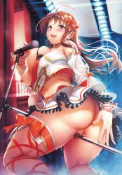 Rule 34 | 1girl, absurdres, ahoge, anus, ass, bare shoulders, blush, breasts, breasts out, brown hair, censored, crop top, crotch rub, detached sleeves, fishnet thighhighs, fishnets, frilled skirt, frills, hair ornament, hair ribbon, highres, holding, holding microphone, kitiroku, large breasts, leg ribbon, long hair, looking at viewer, looking back, microphone, microphone stand, midriff, mosaic censoring, nipples, no panties, open mouth, original, purple eyes, pussy, pussy juice, ribbon, single thighhigh, skindentation, skirt, smile, solo, star (symbol), star hair ornament, strap, sweat, tears, thigh ribbon, thigh strap, thighhighs