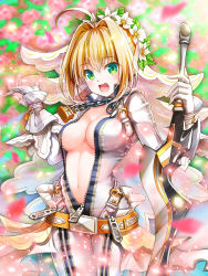 Rule 34 | 10s, 1girl, :d, ahoge, bad id, bad pixiv id, belt, belt buckle, blonde hair, blurry, blush, bodysuit, breasts, buckle, center opening, chain, cleavage, cowboy shot, depth of field, eyebrows, fate/extra, fate/extra ccc, fate (series), fingerless gloves, floral background, flower, full-length zipper, gloves, green eyes, hair between eyes, hair flower, hair intakes, hair ornament, head wreath, highres, holding, holding sword, holding weapon, light particles, lock, long sleeves, looking at viewer, motion blur, nero claudius (bride) (fate), nero claudius (fate), nero claudius (fate) (all), open mouth, padlock, smile, solo, suishougensou, sword, thigh gap, unzipped, veil, weapon, white flower, wrist cuffs, zipper