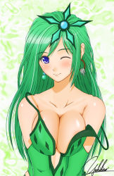 Rule 34 | 1990s (style), 1girl, areola slip, bare shoulders, blue eyes, breasts squeezed together, breasts, cleavage, earrings, final fantasy, final fantasy iv, green hair, hair ornament, jewelry, large breasts, long hair, aged up, one eye closed, retro artstyle, rydia (ff4), signature, smile, solo, strap slip, wink, yukihiro