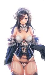 Rule 34 | 1girl, bikini, black thighhighs, blue eyes, blush, bow (bhp), bra, breasts, brown hair, cleavage, closed mouth, corset, cowboy shot, detached sleeves, frills, gluteal fold, hair over one eye, large breasts, long hair, long sleeves, looking at viewer, maid headdress, neck garter, no pants, original, panties, side-tie bikini bottom, simple background, sleeves past wrists, smile, solo, standing, swimsuit, thighhighs, underwear, white background, white bra, white panties