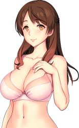 Rule 34 | 1girl, bare arms, bare shoulders, bra, breasts, brown hair, cleavage, closed mouth, collarbone, female focus, game cg, hair over shoulder, hand on own chest, hand up, kyonyuu hitozuma netorare saimin: share house de kanrinin to tsuma ga......, large breasts, long hair, looking at viewer, momizi-kei, navel, orange eyes, original, sleeveless, smile, solo, transparent background, underwear, upper body, white bra