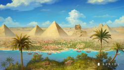 Rule 34 | ancient egypt, artist name, bird, blue sky, building, chinese commentary, chinese text, city, cityscape, cloud, commentary, commentary request, day, desert, dock, dust cloud, egypt, egyptian, english commentary, flying, grass, great pyramid of giza, highres, moonslanstudio, muzilan studio, nile, nile river, no humans, original, palm tree, plant, pyramid, pyramid (structure), river, sailing ship, scenery, ship, sky, sphinx, sphinx of giza, tree, watercraft