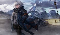Rule 34 | 1girl, black legwear, cloud, coat, earrings, fantasy, grey hair, hands in pockets, jewelry, layered clothes, motor vehicle, motorcycle, open clothes, open coat, original, outdoors, red eyes, ruins, short hair with long locks, solo, yu ni t, zipper, zipper pull tab