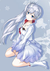 Rule 34 | 1girl, blue eyes, boots, breasts, closed mouth, cropped jacket, dress, earrings, grey background, hair ornament, jacket, jewelry, long hair, mutsumi masato, pendant, rwby, scar, scar across eye, side ponytail, small breasts, snowflake background, solo, tiara, two-sided fabric, two-sided jacket, wedge heels, weiss schnee, white dress, white hair, white jacket
