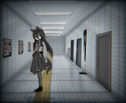 Rule 34 | 1girl, absurdres, ahoge, animal ears, belt, black belt, black footwear, black hair, black ribbon, black skirt, blunt ends, blurry, blurry background, casual, commentary request, film grain, fluorescent lamp, full body, grating, grey pantyhose, hair between eyes, hallway, highres, horror (theme), horse ears, horse girl, horse tail, kaeru no nikukyuu., long bangs, long hair, long sleeves, looking at viewer, manhattan cafe (umamusume), movie poster (object), multicolored hair, neck ribbon, official alternate costume, pantyhose, perspective, ribbon, sidelocks, sideways glance, skirt, solo, standing, tail, the exit 8, two-tone hair, umamusume, white hair, yellow eyes