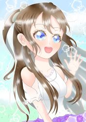 Rule 34 | 1girl, aqua eyes, artist name, artist request, bag, bare shoulders, blooming garden (love live!), blue eyes, blue sky, blush, breasts, brown hair, close-up, clothing cutout, cloud, collarbone, dress, female focus, floral print, flower, flower print, frilled dress, frilled skirt, frilled sleeves, frills, hair between eyes, hair flower, hair ornament, half updo, hand wave, handbag, high ponytail, highres, jewelry, leaf hair ornament, long hair, looking at viewer, love live!, love live! nijigasaki high school idol club, love live! school idol festival, love live! school idol festival all stars, miniskirt, osaka shizuku, outdoors, parted lips, plaid, plaid dress, plaid skirt, pleated, pleated dress, pleated skirt, ponytail, puffy short sleeves, puffy sleeves, purple skirt, short sleeves, shoulder cutout, skirt, sky, small breasts, smile, solo, white dress