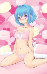 Rule 34 | 1girl, aqua hair, arm behind back, bed, bow, bow bra, bow panties, bra, breasts, cleavage, closed mouth, crotch seam, expressionless, food, frilled bra, frills, full body, heart, heart-shaped pupils, heart print, legs, light frown, looking at viewer, macaron, medium breasts, navel, official art, on bed, panties, pillow, pink background, pink bra, pink panties, purple eyes, short hair, sitting, solo, soulgirl, symbol-shaped pupils, underwear, underwear only, wariza
