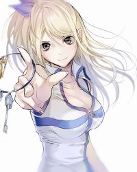 Rule 34 | 1girl, blonde hair, blue bow, blurry, bow, breasts, brown eyes, cleavage, collarbone, collared shirt, depth of field, fairy tail, floating hair, hair between eyes, hair bow, index finger raised, key, long hair, looking at viewer, lucy heartfilia, medium breasts, shirt, side ponytail, simple background, sleeveless, sleeveless shirt, solo, upper body, very long hair, white background, white shirt, wing collar, yae chitokiya, zipper
