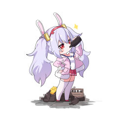 Rule 34 | 1girl, ame., animal, animal ears, arm up, azur lane, bird, blush stickers, bottle, camisole, chibi, chick, commentary request, drinking, fake animal ears, fur-trimmed jacket, fur-trimmed sleeves, fur trim, grey hair, hair between eyes, hairband, hand on own hip, highres, holding, holding bottle, jacket, laffey (azur lane), long hair, long sleeves, manjuu (azur lane), off shoulder, open clothes, open jacket, pink jacket, pleated skirt, rabbit ears, red eyes, red footwear, red hairband, red skirt, shoes, simple background, skirt, solo, sparkle, standing, strap slip, thighhighs, twintails, very long hair, white background, white camisole, white thighhighs