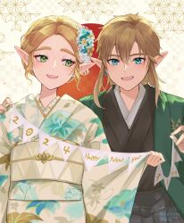 Rule 34 | 1boy, 1girl, 2024, black kimono, blonde hair, blue eyes, braid, crown braid, earrings, floral print, floral print kimono, flower, green eyes, hair between eyes, hair flower, hair ornament, hand on another&#039;s shoulder, happy new year, highres, holding, japanese clothes, jewelry, kanzashi, kimono, light brown hair, link, looking at another, looking at viewer, medium hair, new year, nintendo, obi, open mouth, parted bangs, pointy ears, princess zelda, print kimono, sash, seri (yuukasakura), short hair, signature, simple background, smile, the legend of zelda, the legend of zelda: tears of the kingdom, white kimono, wide sleeves