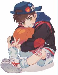 Rule 34 | 1boy, backwards hat, ball, bandaid, baseball cap, bask n14, brown hair, child, commentary request, full body, green eyes, hat, highres, hood, hood down, hooded jacket, hoodie, jacket, korean commentary, long sleeves, looking at viewer, male focus, original, shoes, short hair, shorts, simple background, sitting, smile, sneakers, socks, solo, white background