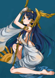 Rule 34 | 1girl, armlet, ass, backless dress, backless outfit, bare legs, barefoot, blue background, blush, breasts, covered erect nipples, doushimasho, dress, egyptian, feet, from side, full body, hair tubes, hairband, holding, holding staff, isis (p&amp;d), jewelry, long hair, looking at viewer, medium breasts, on one knee, puzzle &amp; dragons, sideboob, simple background, soles, solo, staff, tiara, toes, very long hair, white dress