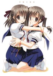 Rule 34 | 2girls, absurdres, arm ribbon, bracelet, brown eyes, brown hair, finger to face, glasses, highres, jewelry, kneeling, looking at viewer, multiple girls, neckerchief, no shoes, open mouth, original, pleated skirt, puffy sleeves, ribbon, rimless eyewear, school uniform, serafuku, short sleeves, simple background, skirt, smile, socks, takanae kyourin, twintails, white background