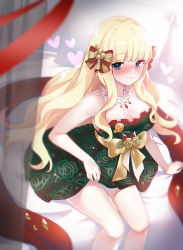Rule 34 | 1girl, bad id, bad pixiv id, bare shoulders, blonde hair, blue eyes, blush, bow, breasts, cleavage, collarbone, dress, elf, green dress, hair bow, heart, jewelry, large breasts, long hair, looking at viewer, necklace, picter, pointy ears, princess connect!, saren (christmas) (princess connect!), saren (princess connect!), sidelocks, sitting, smile, solo, thighs