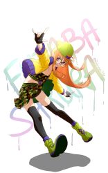 Rule 34 | 1girl, alternate costume, arm up, backwards hat, black gloves, black thighhighs, blunt bangs, camouflage, camouflage skirt, clothes lift, coat, coat lift, dancing, fingerless gloves, glasses, gloves, graffiti, green footwear, green headwear, hands up, happy, hat, highres, hime cut, legs apart, long hair, miniskirt, open mouth, orange hair, outstretched arms, persona, persona 5, print tube top, purple eyes, rubysp 720, sakura futaba, simple background, skirt, skirt lift, smile, solo focus, strapless, teeth, thighhighs, tube top, white background, yellow coat, zettai ryouiki