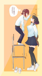 Rule 34 | 1boy, 1girl, ahoge, arms behind back, belt, black hair, black thighhighs, breasts, brown eyes, brown hair, chair, drill hair, hanaporu, height conscious, height difference, highres, multicolored hair, original, purple hair, school, school chair, school uniform, shirt, short hair, size comparison, skirt, tall female, thighhighs, white shirt, yellow eyes