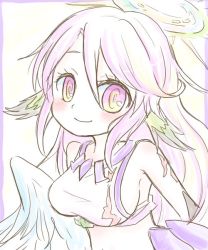 Rule 34 | 1girl, angel wings, blush, breasts, closed mouth, commentary request, spiked halo, crop top, feathered wings, gradient eyes, gradient hair, halo, jibril (no game no life), large breasts, lip (coco), long hair, looking at viewer, low wings, magic circle, multicolored eyes, multicolored hair, no game no life, pink eyes, pink hair, sideboob, smile, solo, tattoo, white wings, wing ears, wings, yellow eyes