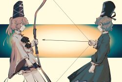 Rule 34 | 2girls, arrow (projectile), black headwear, black skirt, bow (weapon), closed mouth, commentary, dexiaobu, dress, english commentary, from side, green dress, green hair, grey hair, hat, highres, holding, holding bow (weapon), holding weapon, japanese clothes, kariginu, mononobe no futo, multiple girls, ponytail, short hair, skirt, soga no tojiko, tate eboshi, touhou, weapon