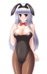 Rule 34 | 1girl, animal ears, bow, bowtie, breasts, cleavage, detached collar, fake animal ears, idolmaster, idolmaster (classic), large breasts, leotard, long hair, nak yama, pantyhose, playboy bunny, rabbit ears, red eyes, shijou takane, silver hair, simple background, solo, white background, wrist cuffs