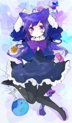 Rule 34 | 1girl, ahoge, animal ears, arms behind head, bad id, bad pixiv id, black pantyhose, bow, butterfly hair ornament, crescent, dress, flower, frilled dress, frilled sleeves, frills, hair ornament, hand mirror, highres, mirror, no shoes, original, pantyhose, purple eyes, purple flower, purple hair, purple rose, rose, solo, star (symbol), tsukiyo (skymint), wolf ears