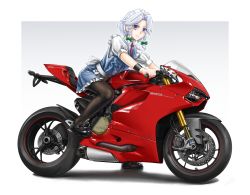 Rule 34 | 1girl, black footwear, black pantyhose, blue eyes, blue skirt, blue vest, bow, bracer, braid, chanko, closed mouth, collared shirt, commentary request, ducati, ducati 1199, frilled skirt, frills, green bow, grey background, hair bow, highres, izayoi sakuya, large bow, leaning forward, light smile, logo, looking at viewer, maid, maid headdress, mary janes, miniskirt, motor vehicle, motorcycle, necktie, outside border, pantyhose, polka dot, polka dot background, puffy short sleeves, puffy sleeves, purple necktie, riding, shirt, shoes, short hair, short sleeves, sidelocks, silver hair, sitting, skirt, skirt set, smile, solo, touhou, twin braids, vest, white shirt