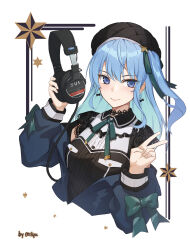 Rule 34 | 1girl, absurdres, artist name, asymmetrical hair, beret, black choker, black hat, black shirt, blue eyes, blue hair, blue jacket, blush, border, bow, bow earrings, breasts, choker, closed mouth, commentary, cropped torso, earrings, frilled shirt, frills, green bow, green ribbon, hair ribbon, hat, headphones, highres, holding, holding headphones, hololive, hoshimachi suisei, hoshimachi suisei (streetwear), jacket, jewelry, light blue hair, long hair, looking at viewer, milyu, neck ribbon, off shoulder, open clothes, open jacket, ribbon, shirt, side ponytail, sidelocks, simple background, sleeveless, sleeveless shirt, small breasts, smile, solo, upper body, v, virtual youtuber, white background, wing collar