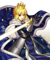 Rule 34 | &gt;:o, 1girl, :o, ahoge, armor, artoria pendragon (all), artoria pendragon (fate), blonde hair, blue dress, braid, braided bun, cape, crown, dress, energy sword, excalibur (fate/stay night), fate (series), gauntlets, green eyes, hair bun, holding, holding sword, holding weapon, light particles, long dress, looking at viewer, npcpepper, open mouth, saber (fate), short hair, single hair bun, solo, standing, sword, tabard, v-shaped eyebrows, weapon, white background