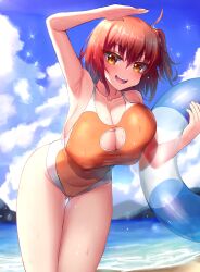 Rule 34 | 1girl, absurdres, ahoge, bare shoulders, beach, blue sky, blush, breasts, cleavage, collarbone, fate/grand order, fate (series), fujimaru ritsuka (female), highleg, highleg swimsuit, highres, innertube, jo (pixiv29989419), large breasts, leaning forward, looking at viewer, one-piece swimsuit, one side up, open mouth, orange eyes, orange hair, shore, short hair, sky, smile, solo, swim ring, swimsuit, thighs, wet
