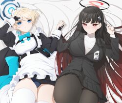 Rule 34 | 2girls, apron, black dress, black hair, blonde hair, blue archive, blue eyes, breasts, commentary request, dress, formal, halo, highres, koflif, large breasts, long hair, long sleeves, looking at viewer, lying, medium breasts, multiple girls, on back, red eyes, rio (blue archive), suit, toki (blue archive)