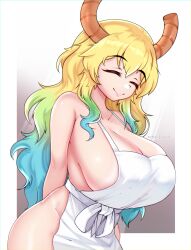 Rule 34 | 1girl, absurdres, apron, arms behind back, blonde hair, blue hair, border, breasts, cleavage, closed eyes, closed mouth, cowboy shot, darkmoney, dragon horns, gradient background, green hair, grey background, highres, horns, kobayashi-san chi no maidragon, large breasts, lucoa (maidragon), multicolored hair, naked apron, sideboob, smile, solo, standing, white apron, white background, white border
