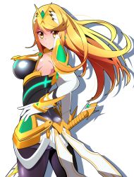Rule 34 | 1girl, bare legs, bare shoulders, black pantyhose, blonde hair, breasts, commentary request, dress, earrings, elbow gloves, gloves, hand on own hip, harubato, highres, jewelry, large breasts, long hair, mythra (massive melee) (xenoblade), mythra (xenoblade), nintendo, pantyhose, short dress, simple background, solo, super smash bros., swept bangs, thigh strap, tiara, very long hair, white background, white dress, white footwear, white gloves, xenoblade chronicles (series), xenoblade chronicles 2, yellow eyes