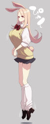 Rule 34 | 1girl, akino sora, animal ears, black skirt, bow, breasts, brown footwear, closed mouth, collared shirt, commentary request, eyes visible through hair, grey background, highres, jumping, kneehighs, large breasts, light brown hair, loafers, long hair, long sleeves, loose socks, original, parted bangs, pleated skirt, rabbit ears, rabbit girl, rabbit tail, red bow, red eyes, shadow, shirt, shoes, simple background, skirt, socks, solo, sweater vest, tail, very long hair, white shirt, white socks