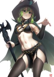 Rule 34 | 1girl, arm warmers, bikini, black bikini, black choker, black skirt, black thighhighs, breasts, choker, cleavage, cloak, closed mouth, commentary request, cowboy shot, fake horns, finalcake, folded hair, garter straps, green cloak, green eyes, green hair, groin, hair between eyes, hat, highres, holding, holding staff, horned hat, horned headwear, horns, key, long hair, looking at viewer, medium breasts, midriff, navel, no freckles, o-ring strap, partial commentary, red nails, side slit, sidelocks, signature, simple background, skindentation, skirt, solo, staff, standing, swimsuit, thighhighs, unicorn overlord, white background, witch hat, yahna (unicorn overlord)