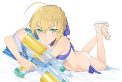 Rule 34 | 1girl, :t, ahoge, artoria pendragon (all), artoria pendragon (fate), artoria pendragon (swimsuit archer) (first ascension) (fate), ass, ball, bare arms, bare legs, bare shoulders, beachball, blonde hair, blue ribbon, blush, breasts, butt crack, closed mouth, fate/grand order, fate (series), foreshortening, full body, green eyes, hair between eyes, hair ribbon, hayashi kewi, legs up, looking at viewer, lying, no socks, on stomach, pout, ribbon, saber (fate), short hair, simple background, small breasts, solo, trigger discipline, water gun, white background