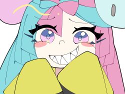 Rule 34 | 1girl, amhimajin3, blue hair, blush stickers, creatures (company), game freak, grin, highres, iono (pokemon), looking at viewer, multicolored hair, nintendo, pink eyes, pink hair, pokemon, pokemon sv, sharp teeth, sleeves past fingers, sleeves past wrists, smile, solo, teeth, two-tone hair, upper body