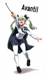 Rule 34 | 1girl, anchovy (girls und panzer), anzio school uniform, aono3, black necktie, black skirt, blouse, cape, drill hair, frown, full body, girls und panzer, green hair, hair ribbon, highres, holding, long hair, long sleeves, miniskirt, necktie, open mouth, pantyhose, pleated skirt, red eyes, ribbon, school uniform, shirt, simple background, skirt, solo, standing, standing on one leg, teeth, tongue, twin drills, v-shaped eyebrows, white background, white pantyhose, white shirt