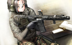 Rule 34 | 1girl, ammunition pouch, assault rifle, black gloves, blurry, camouflage, camouflage pants, check gender, dagger, depth of field, folding stock, foregrip, gloves, grey hair, gun, gun sling, headset, highres, holding, holding gun, holding weapon, holster, holstered, jacket, knife, looking to the side, magazine (weapon), optical sight, original, pants, parted lips, bulletproof vest, pouch, rifle, safety glasses, short hair, sig mcx, sleeves rolled up, solo, tactical clothes, thigh holster, trigger discipline, utsucan, weapon, yellow eyes