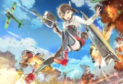 Rule 34 | 10s, 119, 1girl, :d, abyssal ship, aircraft, airplane, bike shorts, blue sky, bow (weapon), brown eyes, brown hair, crossbow, day, explosion, flight deck, ha-class destroyer, headband, holding, kantai collection, looking at viewer, machinery, open mouth, pleated skirt, short hair, skirt, sky, smile, solo, taihou (kancolle), weapon