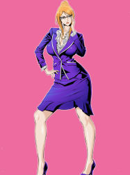Rule 34 | 1girl, bare legs, blonde hair, breasts, brown eyes, contrapposto, daigo, formal, glasses, hand on own hip, high heels, highres, jewelry, large breasts, legs, lipstick, makeup, mature female, necklace, original, pencil skirt, shoes, simple background, skirt, skirt suit, solo, standing, suit, updo