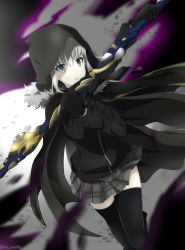 Rule 34 | 1girl, absurdres, bad id, bad pixiv id, black cape, black cardigan, black gloves, black thighhighs, blurry, blurry foreground, cape, cardigan, fate (series), gloves, gray (fate), green eyes, grey skirt, highres, holding, holding polearm, holding weapon, hood, hood up, hooded, long sleeves, lord el-melloi ii case files, miniskirt, parted lips, plaid, plaid skirt, pleated skirt, polearm, short hair, silver hair, skirt, solo, standing, thighhighs, twitter username, user smgj5887, weapon, zettai ryouiki