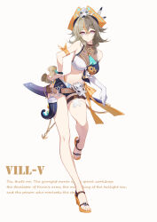 Rule 34 | 1girl, absurdres, bare legs, bare shoulders, bikini, bikini top only, blue shorts, breasts, brown hair, character name, cleavage, closed mouth, commentary, english text, feet, full body, gloves, grey eyes, hat, highres, holding, honkai (series), honkai impact 3rd, large breasts, legs, long hair, looking at viewer, nail polish, navel, official alternate costume, orange nails, pirate hat, purple eyes, sandals, shorts, simple background, single glove, smile, solo, standing, standing on one leg, swimsuit, symbol-only commentary, thigh strap, toenail polish, toenails, toes, vill-v, white background, white bikini, white gloves, yuking-