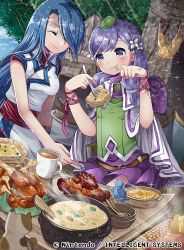 Rule 34 | 2girls, belt, bird, blue bird, blue hair, book, bowl, calico, cape, cat, chicken (food), chicken leg, closed eyes, closed mouth, company name, copyright name, cup, dappled sunlight, eating, fire emblem, fire emblem: path of radiance, fire emblem cipher, food, food on face, fork, grill, hair over one eye, holding, holding fork, hood, hood down, ilyana (fire emblem), kei s01, leaf, long hair, lucia (fire emblem), multiple girls, nintendo, official art, purple eyes, purple hair, purple skirt, skirt, smile, sunlight, swept bangs, wooden spoon