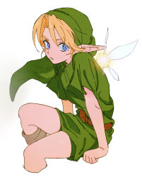 1boy asa8720 belt blonde_hair blue_eyes commentary_request fairy fairy_wings green_hat green_tunic hat highres invisible_chair link long_pointy_ears looking_at_viewer male_focus nintendo parted_lips pointy_ears simple_background sitting solo tatl the_legend_of_zelda the_legend_of_zelda:_majora&#039;s_mask tunic white_background wings young_link