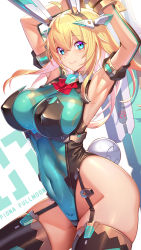 Rule 34 | 1girl, animal ears, armpits, arms up, blonde hair, blue eyes, breasts, closed mouth, covered navel, fake animal ears, fake tail, garter straps, green leotard, highleg, highleg leotard, highres, large breasts, leotard, long hair, looking at viewer, mecha musume, original, playboy bunny, rabbit ears, rabbit tail, smile, solo, sophia f shirring, tail, takamine nadare, thighhighs, thighs