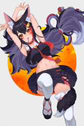 Rule 34 | 1girl, :3, absurdres, animal ear fluff, animal ears, armpits, arms up, bare shoulders, black hair, black shirt, black skirt, blush, breasts, choker, circle, commentary, crop top, cropped legs, detached sleeves, hair in own mouth, hair ornament, hairclip, highres, hololive, knee up, long hair, long sleeves, looking at viewer, lying, medium breasts, midriff, miniskirt, moguri (kxh5061), navel, necktie, ookami mio, ookami mio (1st costume), pleated skirt, red choker, red necktie, sailor collar, shirt, simple background, skirt, solo, tail, tail around own leg, tail wrap, thighhighs, very long hair, virtual youtuber, white background, white sailor collar, white thighhighs, wolf ears, wolf girl, wolf tail, yellow eyes