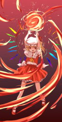 Rule 34 | 1girl, arms up, ascot, blonde hair, female focus, fire, flandre scarlet, frills, haniwa (leaf garden), hat, mob cap, red background, red eyes, red skirt, shoes, short hair, skirt, solo, touhou, wings