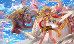 Rule 34 | 1girl, absurdres, aircraft, airship, arm up, bandana, beads, bikini, bikini top only, bird, blonde hair, blue sky, braid, breasts, card, claws, cleavage, commission, detached sleeves, dragon, fangs, final fantasy, final fantasy x, final fantasy x-2, fingerless gloves, gloves, highres, horns, looking at viewer, medium breasts, monster, navel, open mouth, outstretched arm, rikku (ff10), scarf, skirt, sky, smile, sonyamoon666, stomach, swimsuit, wings, yellow bikini