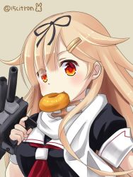 Rule 34 | 15citron, 1girl, adapted turret, artist name, black ribbon, black serafuku, blonde hair, cannon, commentary request, doughnut, food, grey background, hair flaps, hair ornament, hair ribbon, hairclip, kantai collection, long hair, mouth hold, neckerchief, one-hour drawing challenge, red eyes, red neckerchief, ribbon, scarf, school uniform, serafuku, simple background, solo, turret, upper body, white scarf, yuudachi (kancolle), yuudachi kai ni (kancolle)