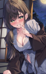 Rule 34 | 1girl, arm support, bath yukata, blurry, blurry background, blush, breasts, brown hair, cleavage, collarbone, finger to mouth, green eyes, grin, hair between eyes, hair over shoulder, hand up, hanten (clothes), highres, indoors, japanese clothes, kimono, large breasts, long hair, long sleeves, looking at viewer, low ponytail, mole, mole under mouth, moon, night, night sky, off shoulder, original, patterned, patterned clothing, ponytail, sena chifuyu, shouji, sky, sliding doors, smile, solo, tatami, wide sleeves, yukata