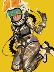 Rule 34 | 1girl, absurdres, closed mouth, green hair, hair between eyes, hand up, helmet, highres, index finger raised, looking at viewer, original, polilla, simple background, smile, solo, space helmet, spacesuit, white footwear, yellow background, yellow eyes